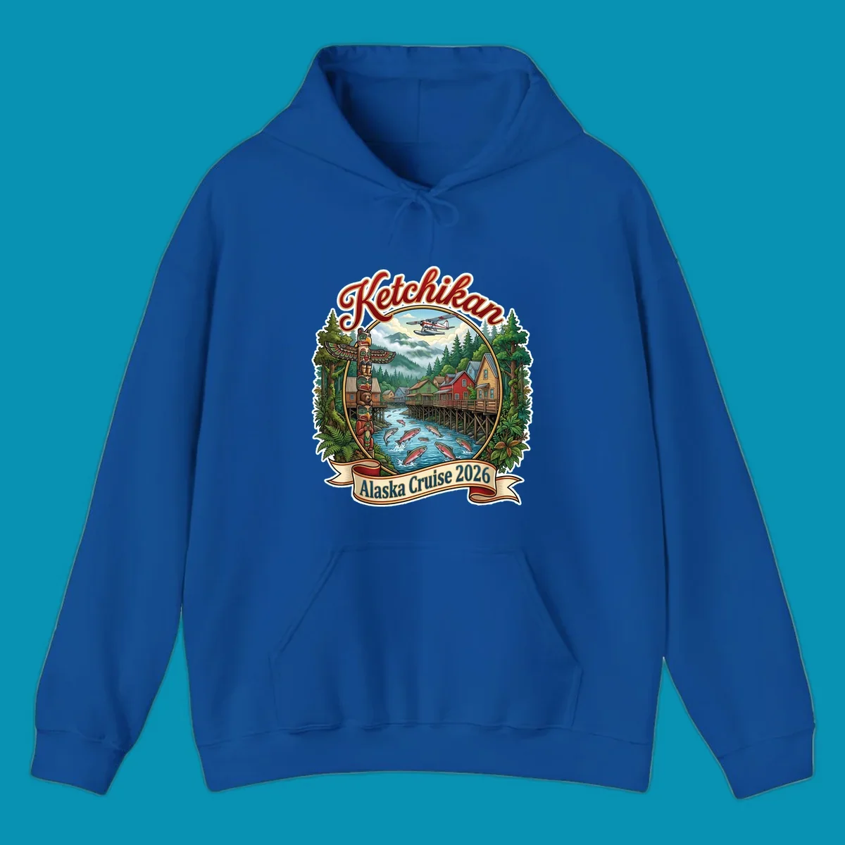 Colorful illustration of Ketchikan, Alaska, with a totem pole, stilt houses, jumping salmon, mountains, seaplane, and 'Ketchikan Alaska Cruise 2026' text, highlighting the ketchikan-alaska-totem-salmon experience.