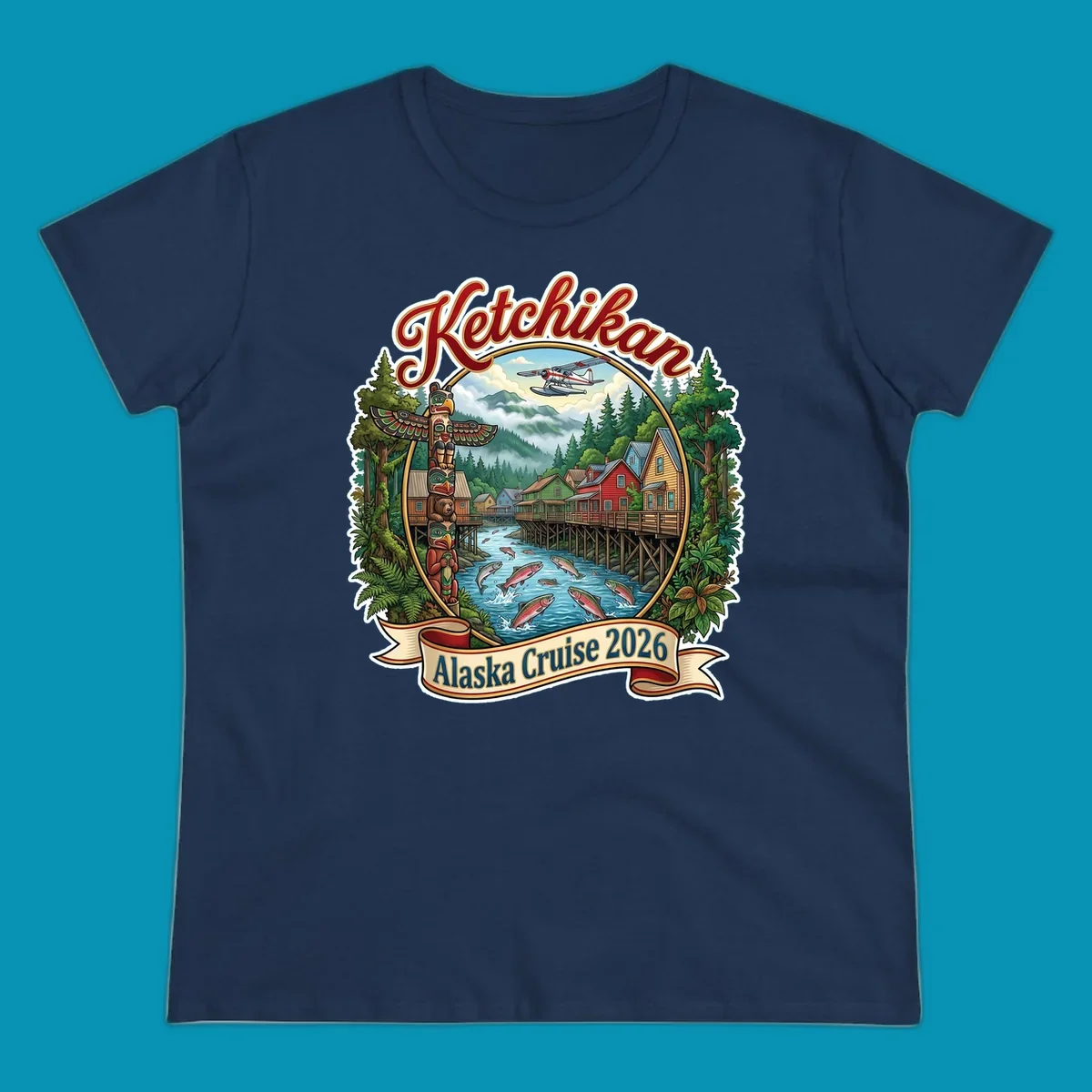Colorful illustration of Ketchikan, Alaska, with a totem pole, stilt houses, jumping salmon, mountains, seaplane, and 'Ketchikan Alaska Cruise 2026' text, highlighting the ketchikan-alaska-totem-salmon experience.