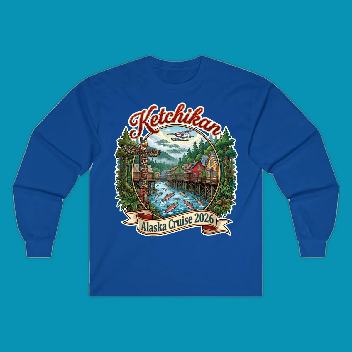Colorful illustration of Ketchikan, Alaska, with a totem pole, stilt houses, jumping salmon, mountains, seaplane, and 'Ketchikan Alaska Cruise 2026' text, highlighting the ketchikan-alaska-totem-salmon experience.