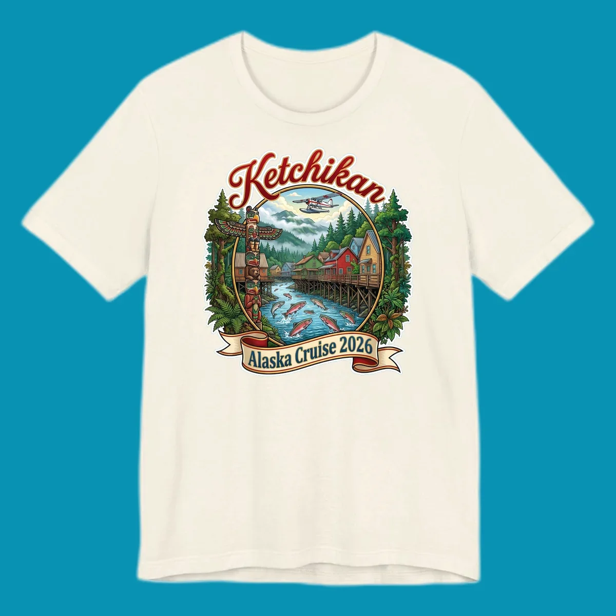 Colorful illustration of Ketchikan, Alaska, with a totem pole, stilt houses, jumping salmon, mountains, seaplane, and 'Ketchikan Alaska Cruise 2026' text, highlighting the ketchikan-alaska-totem-salmon experience.