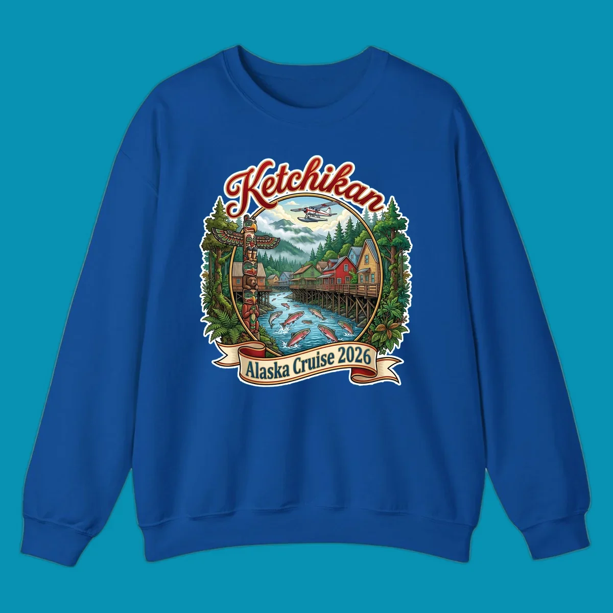 Colorful illustration of Ketchikan, Alaska, with a totem pole, stilt houses, jumping salmon, mountains, seaplane, and 'Ketchikan Alaska Cruise 2026' text, highlighting the ketchikan-alaska-totem-salmon experience.