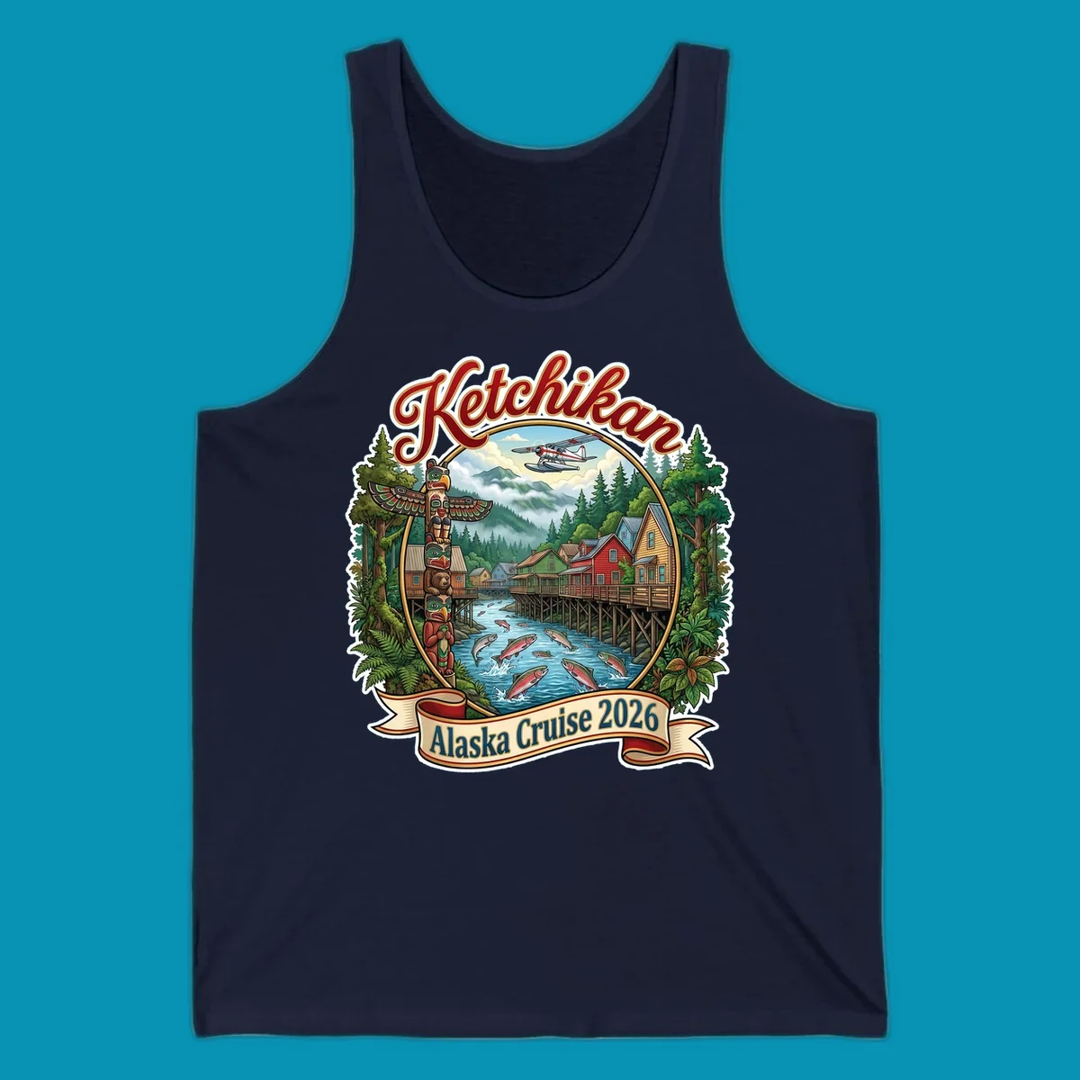Colorful illustration of Ketchikan, Alaska, with a totem pole, stilt houses, jumping salmon, mountains, seaplane, and 'Ketchikan Alaska Cruise 2026' text, highlighting the ketchikan-alaska-totem-salmon experience.