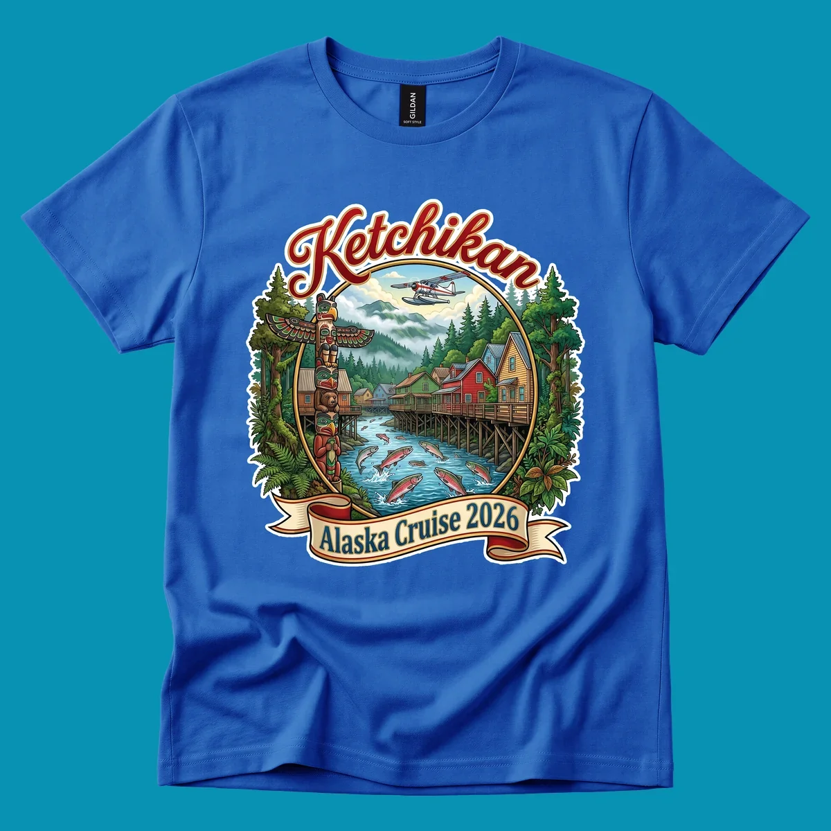 Colorful illustration of Ketchikan, Alaska, with a totem pole, stilt houses, jumping salmon, mountains, seaplane, and 'Ketchikan Alaska Cruise 2026' text, highlighting the ketchikan-alaska-totem-salmon experience.