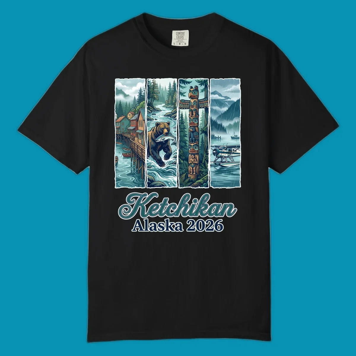 Four-panel Ketchikan Alaska illustration featuring waterfront houses, fishing bear, ornate totem pole, and seaplanes in misty forest landscape with teal and gold tones.