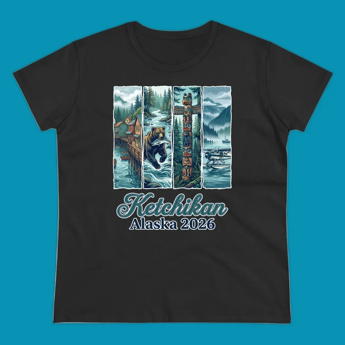 Four-panel Ketchikan Alaska illustration featuring waterfront houses, fishing bear, ornate totem pole, and seaplanes in misty forest landscape with teal and gold tones.