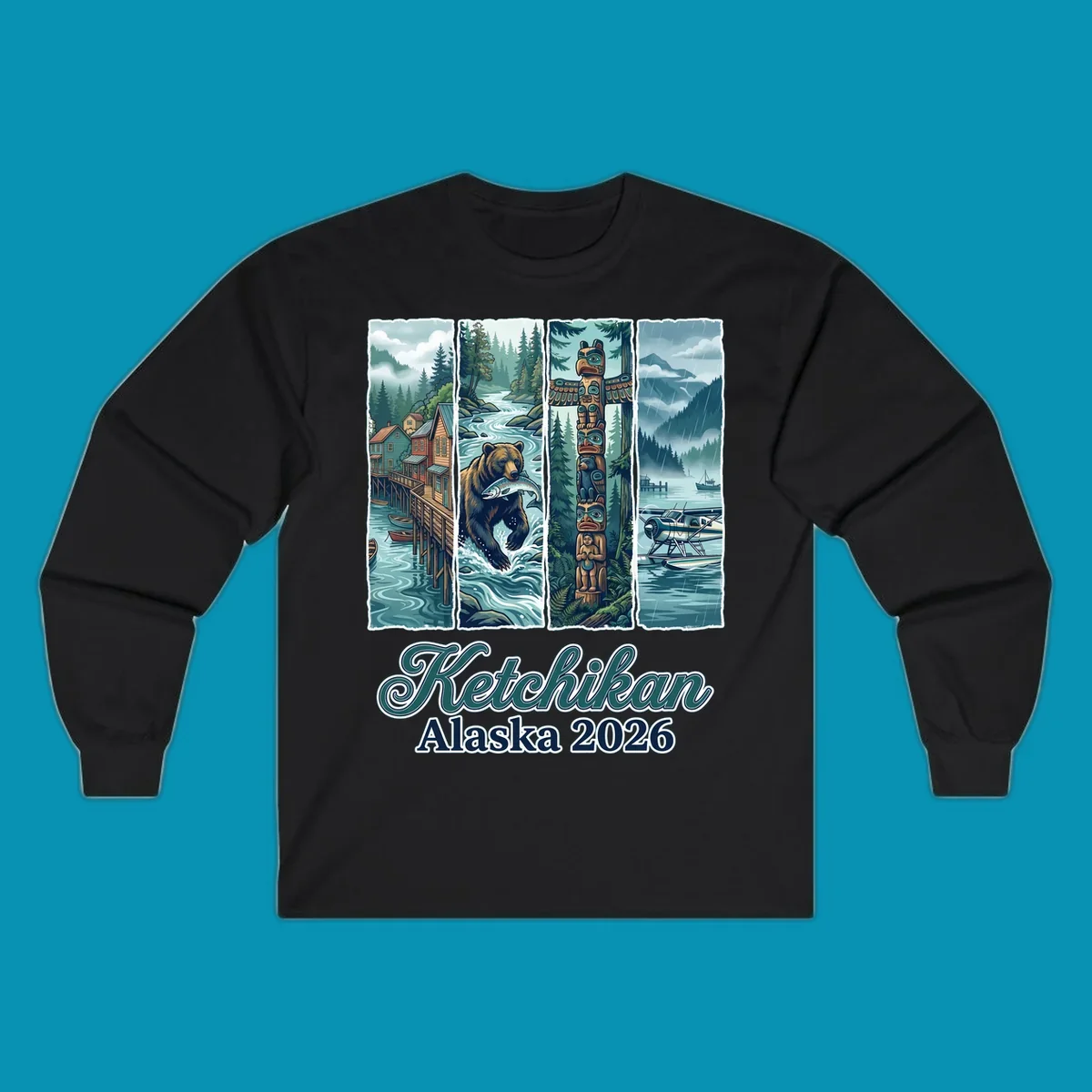 Four-panel Ketchikan Alaska illustration featuring waterfront houses, fishing bear, ornate totem pole, and seaplanes in misty forest landscape with teal and gold tones.