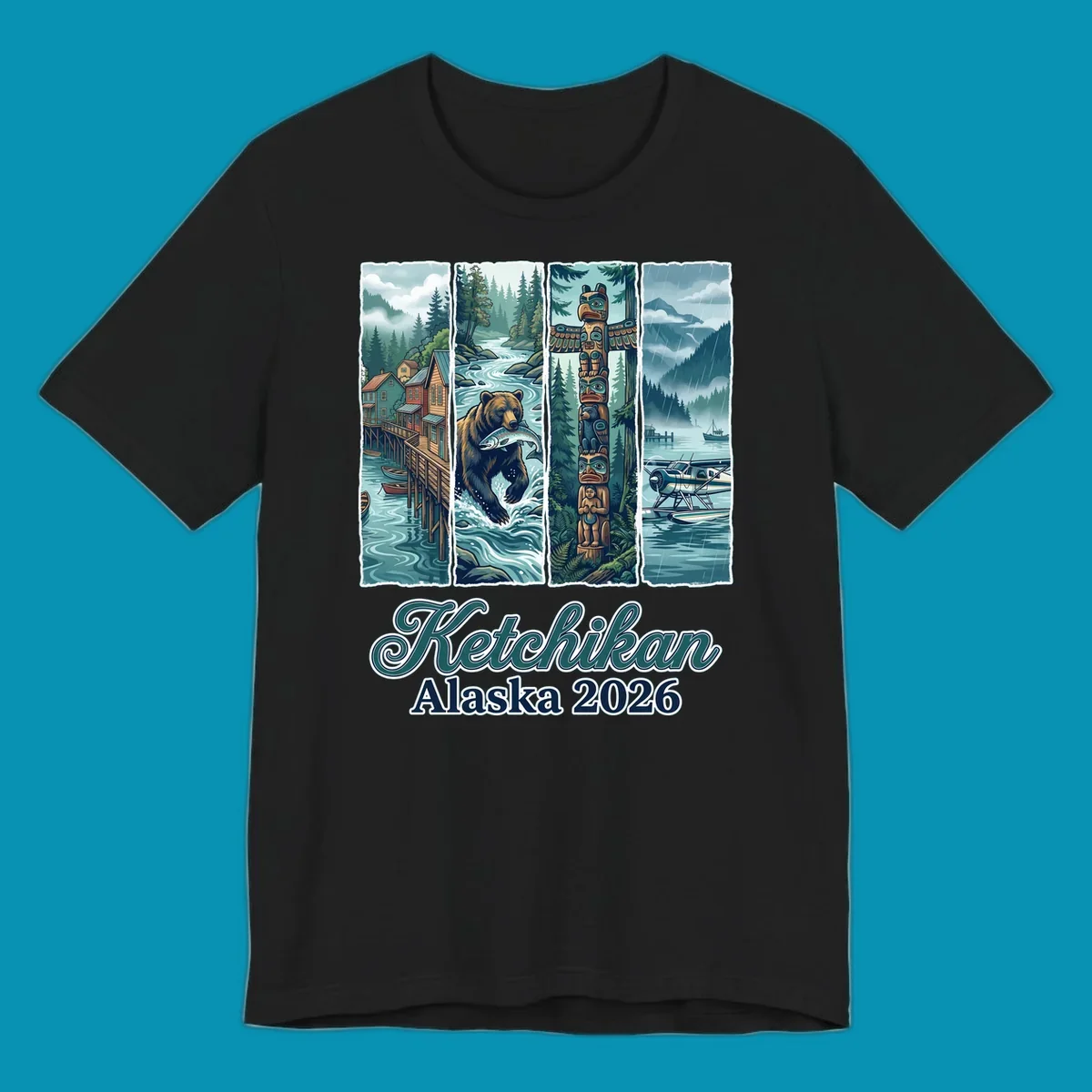 Four-panel Ketchikan Alaska illustration featuring waterfront houses, fishing bear, ornate totem pole, and seaplanes in misty forest landscape with teal and gold tones.