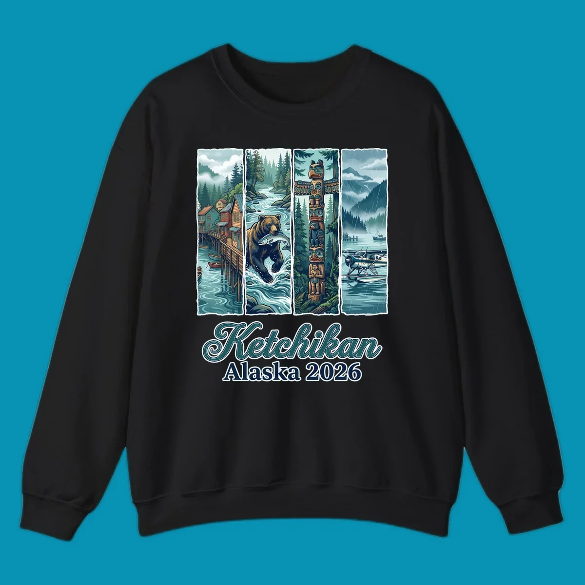 Four-panel Ketchikan Alaska illustration featuring waterfront houses, fishing bear, ornate totem pole, and seaplanes in misty forest landscape with teal and gold tones.