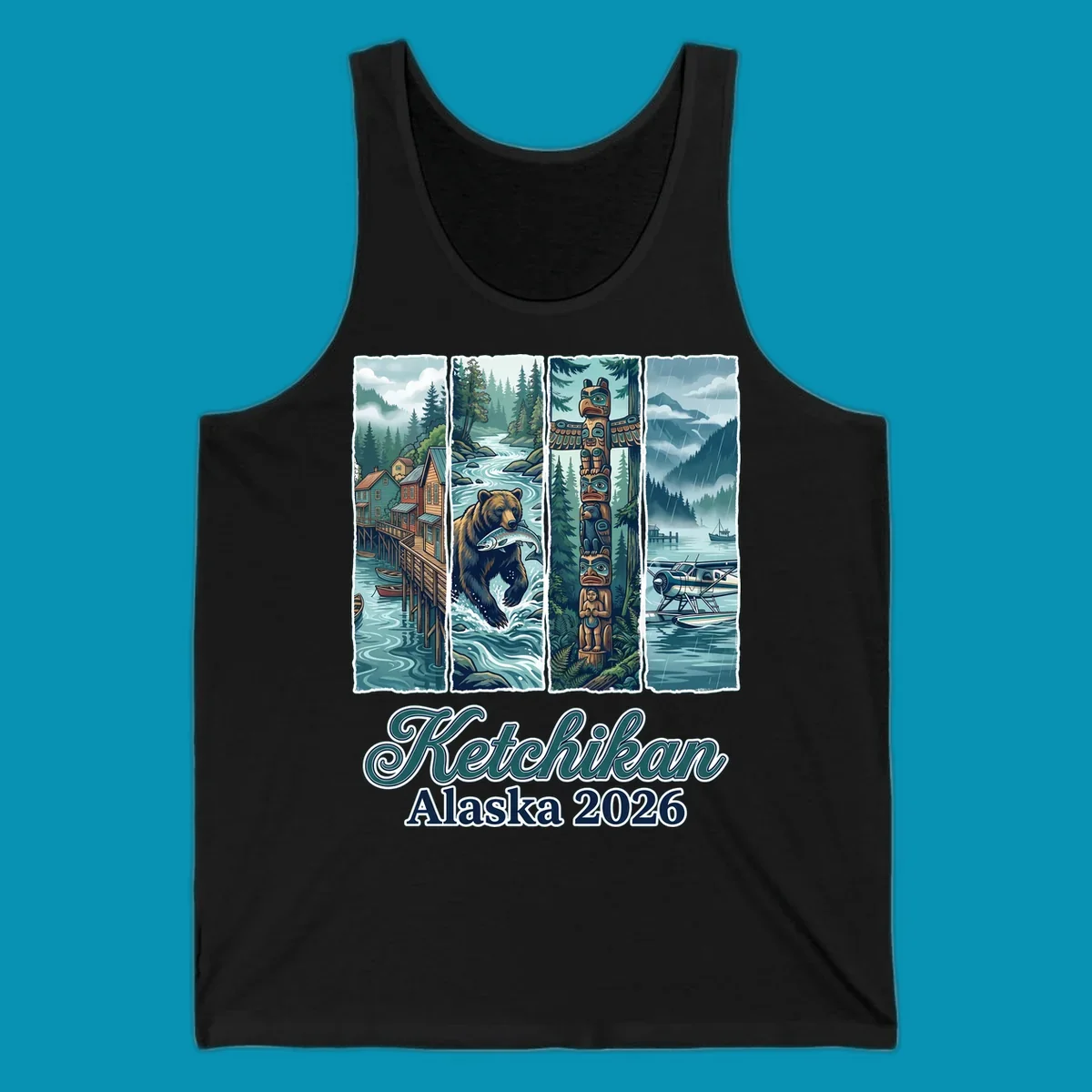 Four-panel Ketchikan Alaska illustration featuring waterfront houses, fishing bear, ornate totem pole, and seaplanes in misty forest landscape with teal and gold tones.