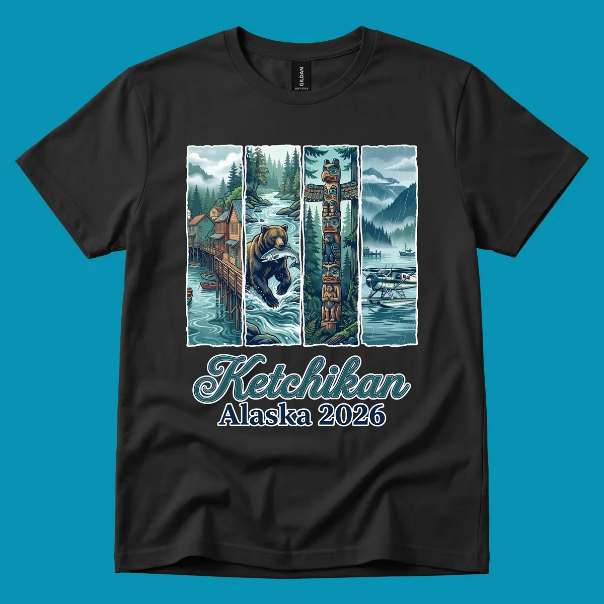 Four-panel Ketchikan Alaska illustration featuring waterfront houses, fishing bear, ornate totem pole, and seaplanes in misty forest landscape with teal and gold tones.