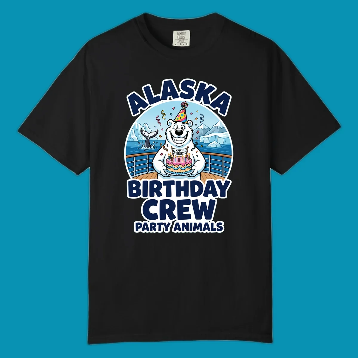 Smiling polar bear in party hat holding birthday cake on Alaska cruise ship deck with glaciers and whales