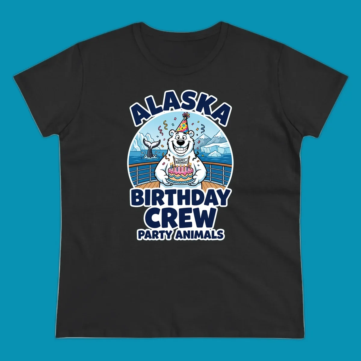 Smiling polar bear in party hat holding birthday cake on Alaska cruise ship deck with glaciers and whales