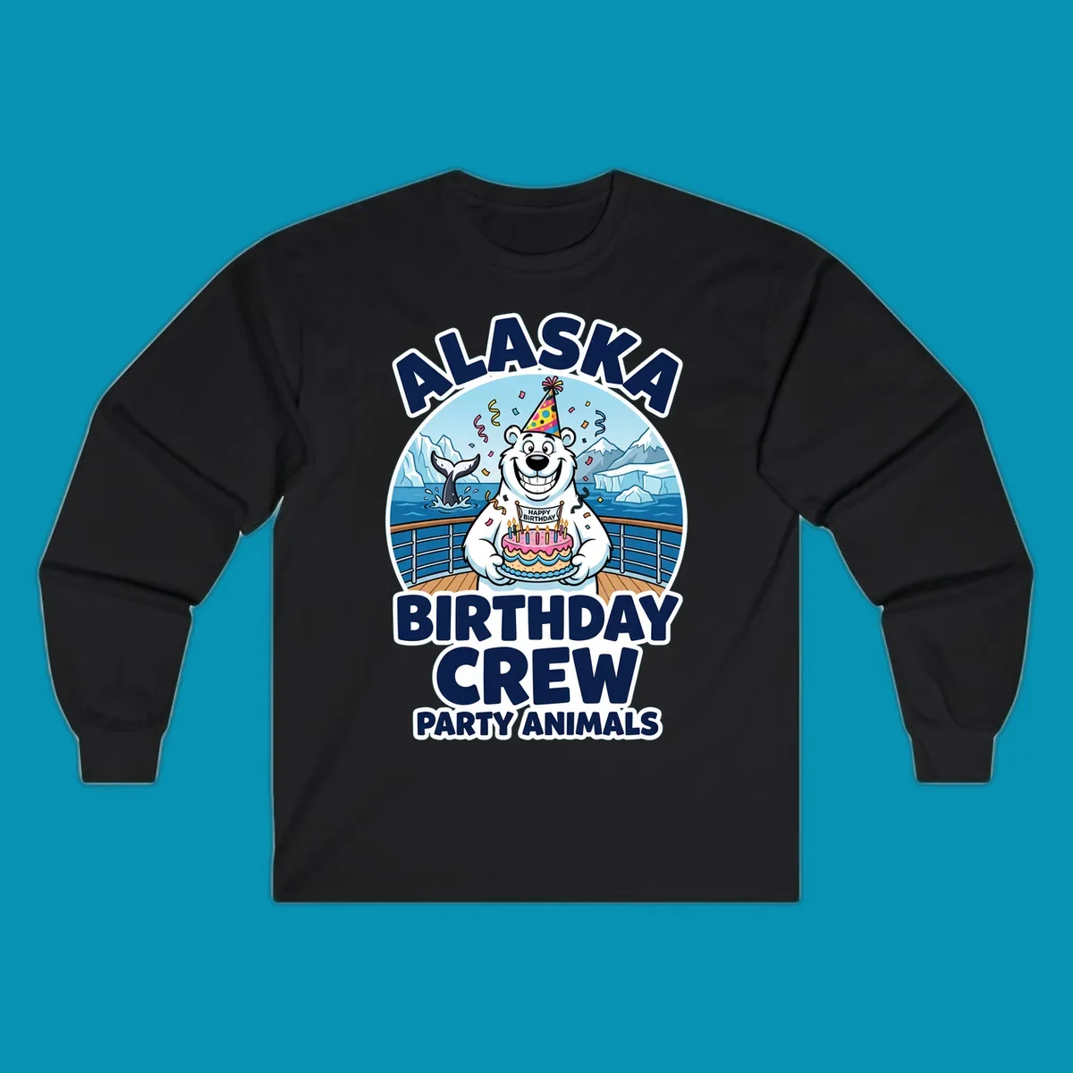Smiling polar bear in party hat holding birthday cake on Alaska cruise ship deck with glaciers and whales