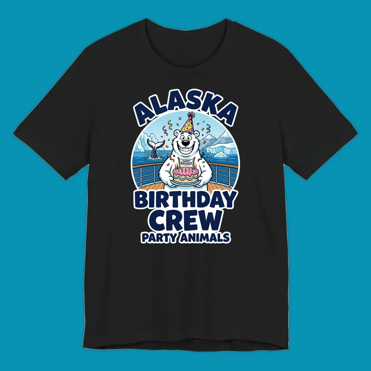 Smiling polar bear in party hat holding birthday cake on Alaska cruise ship deck with glaciers and whales
