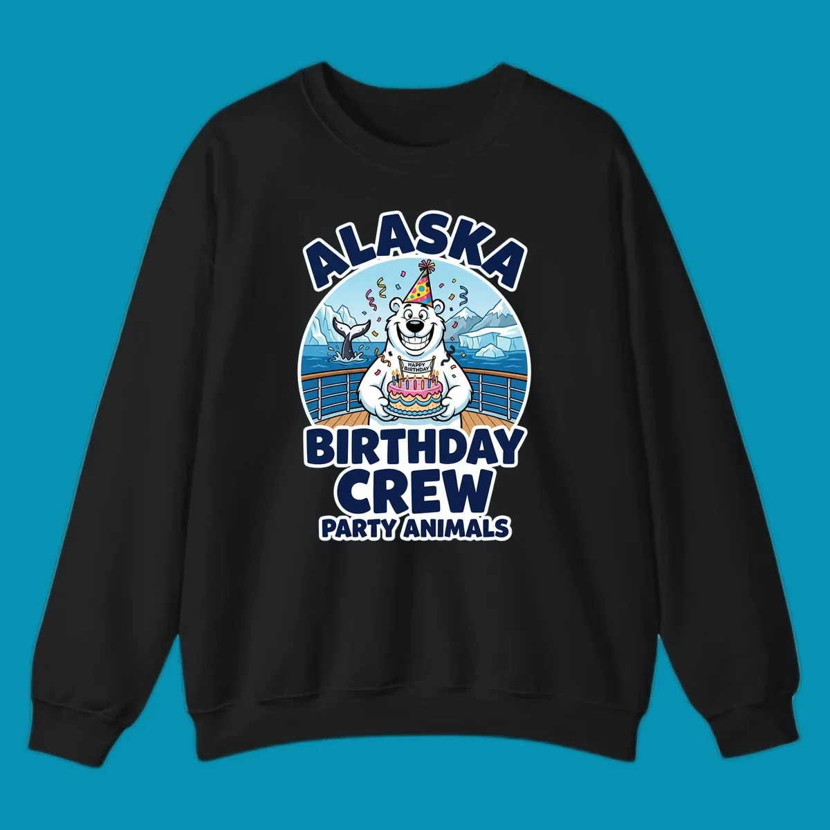 Smiling polar bear in party hat holding birthday cake on Alaska cruise ship deck with glaciers and whales