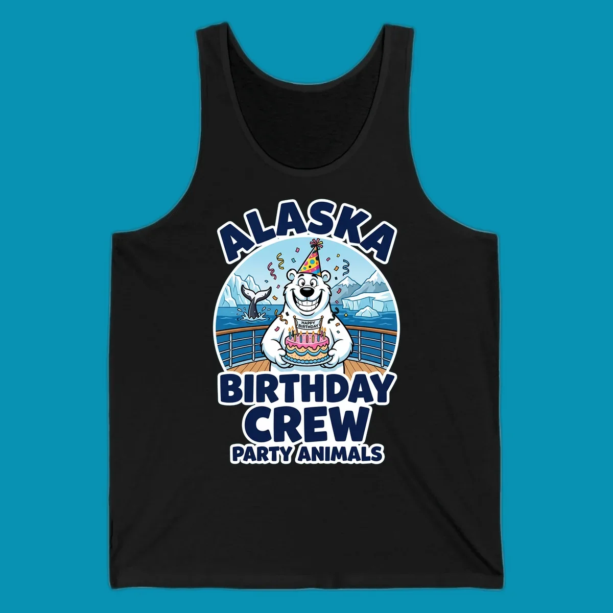 Smiling polar bear in party hat holding birthday cake on Alaska cruise ship deck with glaciers and whales