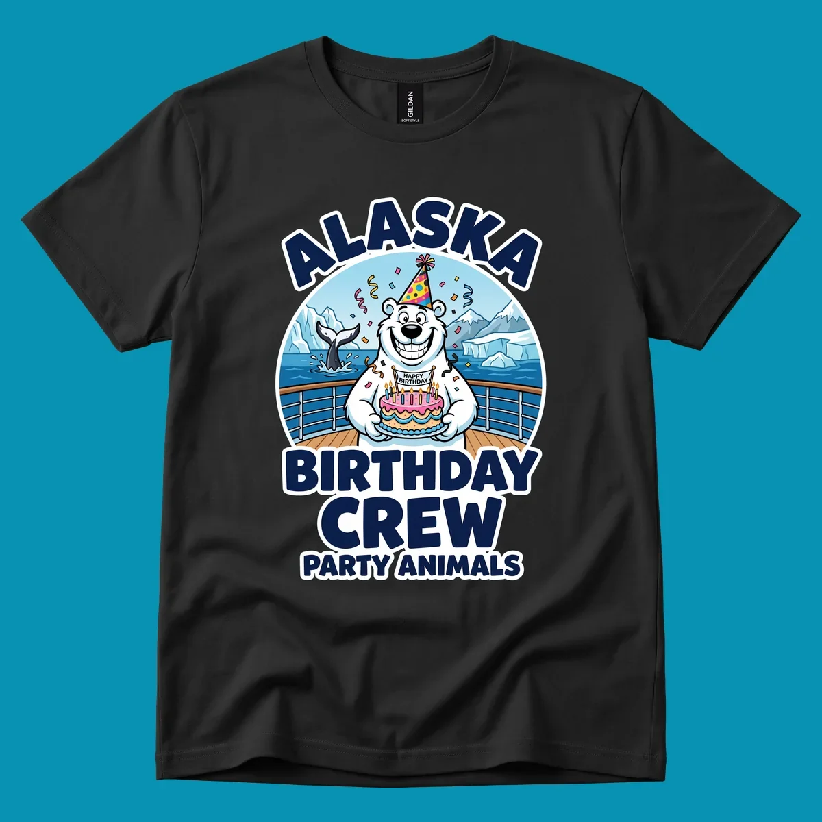 Smiling polar bear in party hat holding birthday cake on Alaska cruise ship deck with glaciers and whales