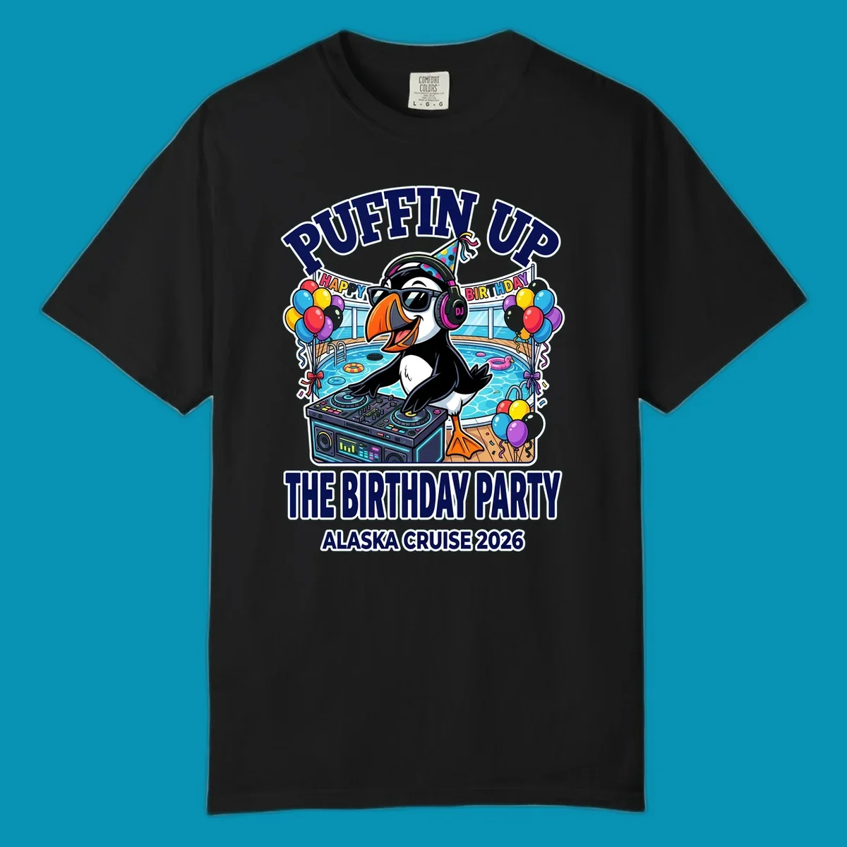 Cool puffin DJ wearing sunglasses and party hat spinning records on a cruise ship pool deck surrounded by balloons and party decorations for birthday celebration