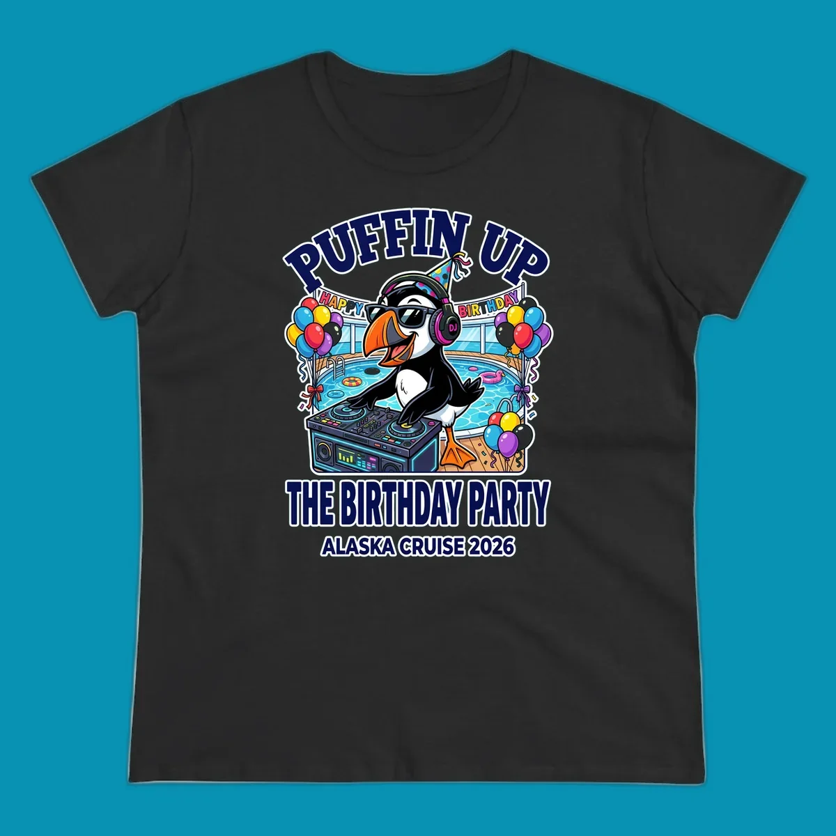 Cool puffin DJ wearing sunglasses and party hat spinning records on a cruise ship pool deck surrounded by balloons and party decorations for birthday celebration