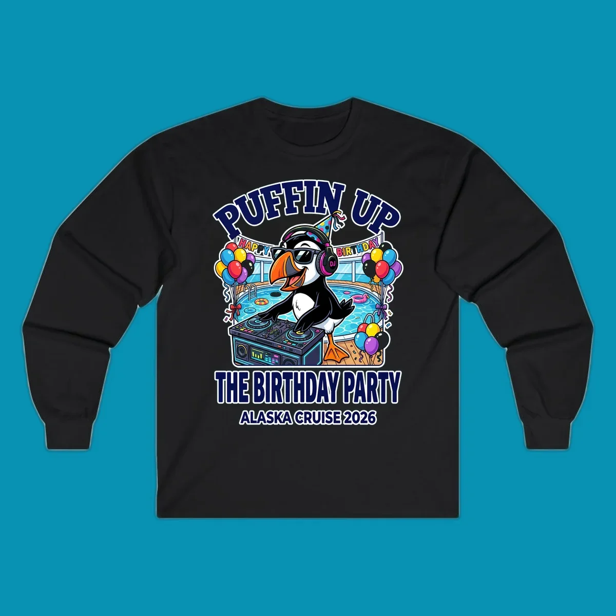 Cool puffin DJ wearing sunglasses and party hat spinning records on a cruise ship pool deck surrounded by balloons and party decorations for birthday celebration