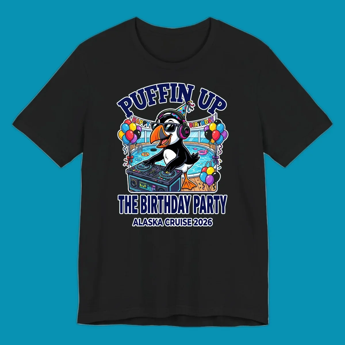Cool puffin DJ wearing sunglasses and party hat spinning records on a cruise ship pool deck surrounded by balloons and party decorations for birthday celebration