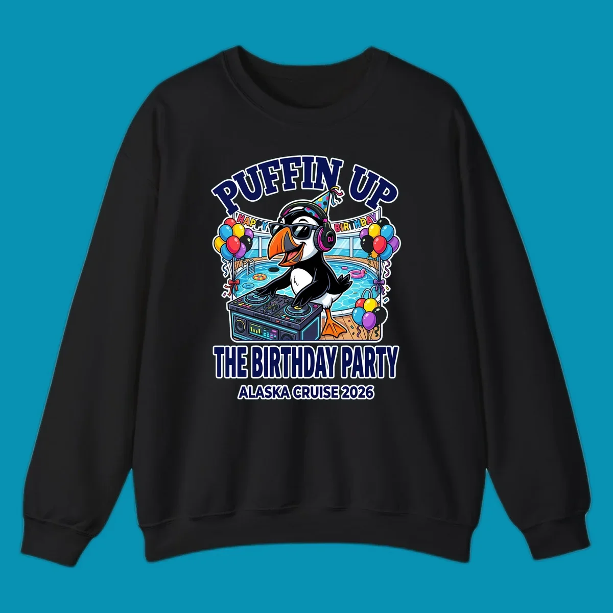 Cool puffin DJ wearing sunglasses and party hat spinning records on a cruise ship pool deck surrounded by balloons and party decorations for birthday celebration