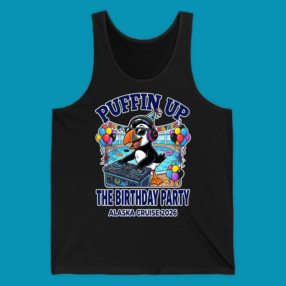 Cool puffin DJ wearing sunglasses and party hat spinning records on a cruise ship pool deck surrounded by balloons and party decorations for birthday celebration