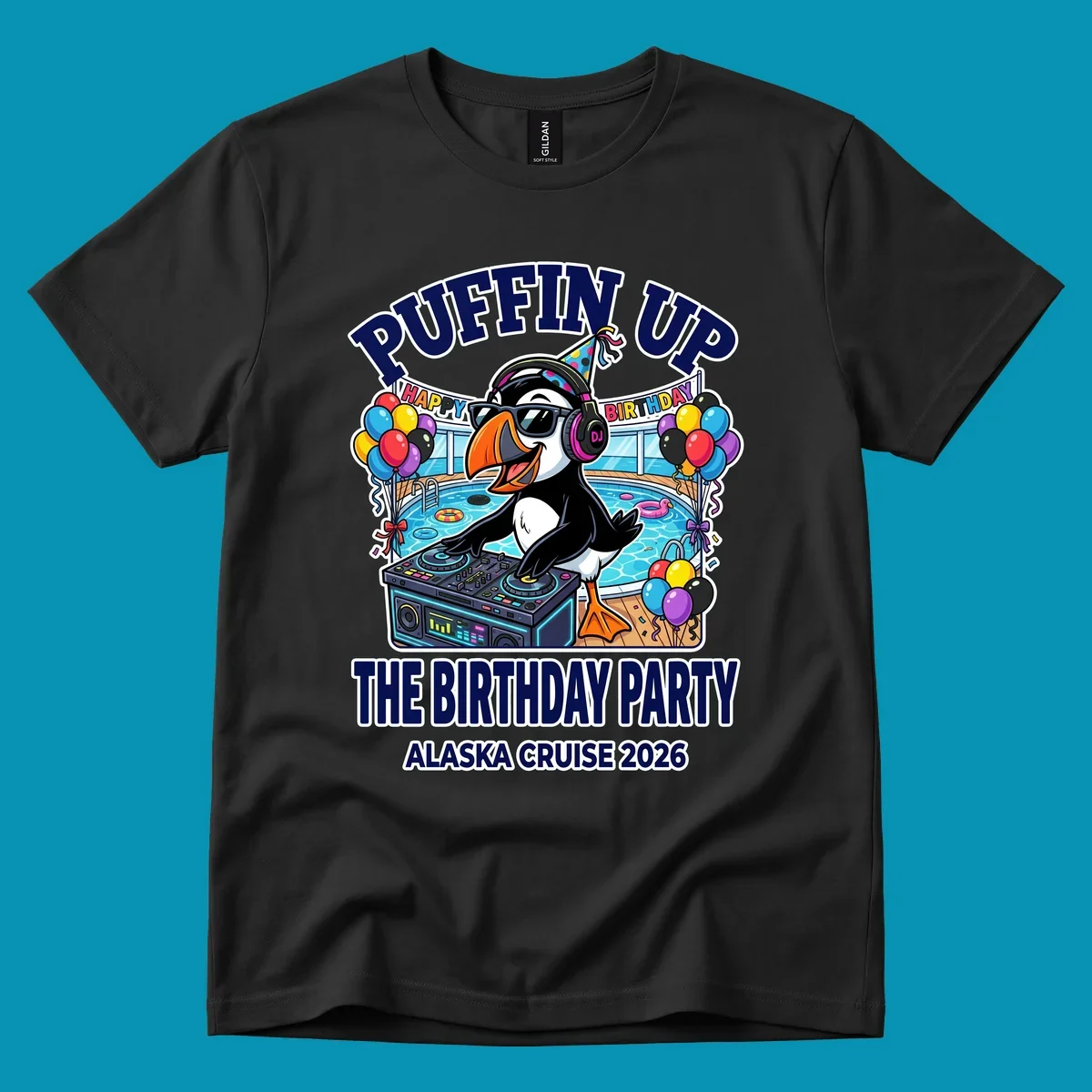 Cool puffin DJ wearing sunglasses and party hat spinning records on a cruise ship pool deck surrounded by balloons and party decorations for birthday celebration