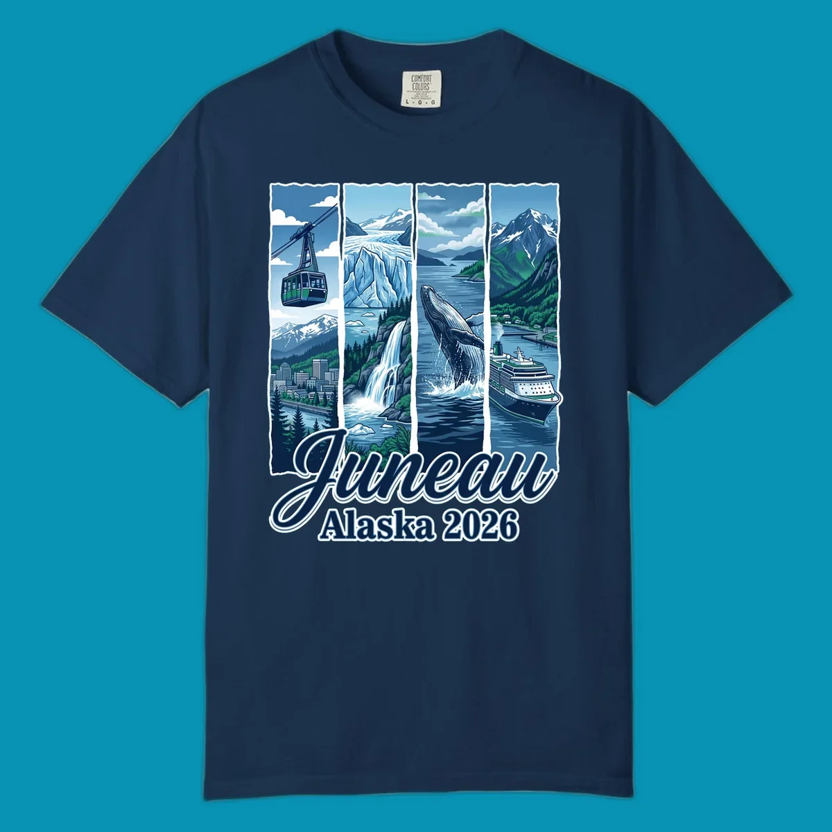 Juneau Alaska cruise collage featuring cable car, glacier, breaching whale, and cruise ship with snowy mountains