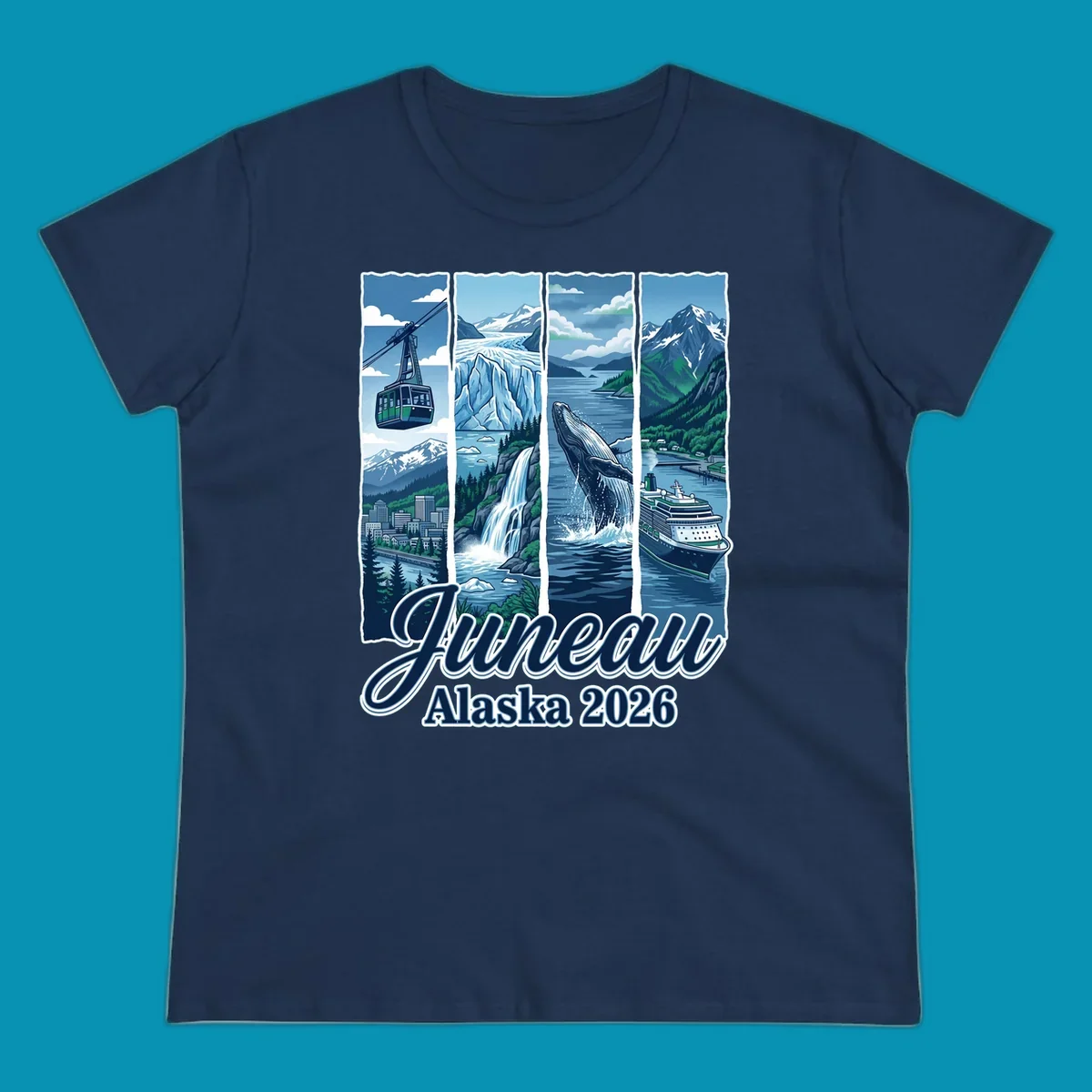Juneau Alaska cruise collage featuring cable car, glacier, breaching whale, and cruise ship with snowy mountains