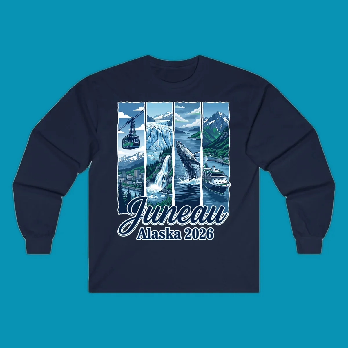 Juneau Alaska cruise collage featuring cable car, glacier, breaching whale, and cruise ship with snowy mountains