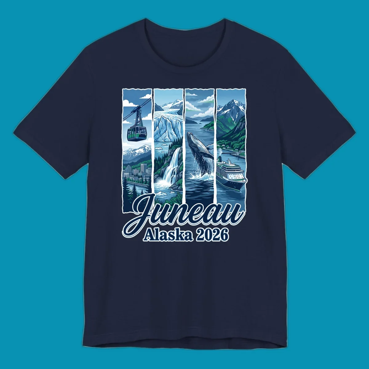 Juneau Alaska cruise collage featuring cable car, glacier, breaching whale, and cruise ship with snowy mountains