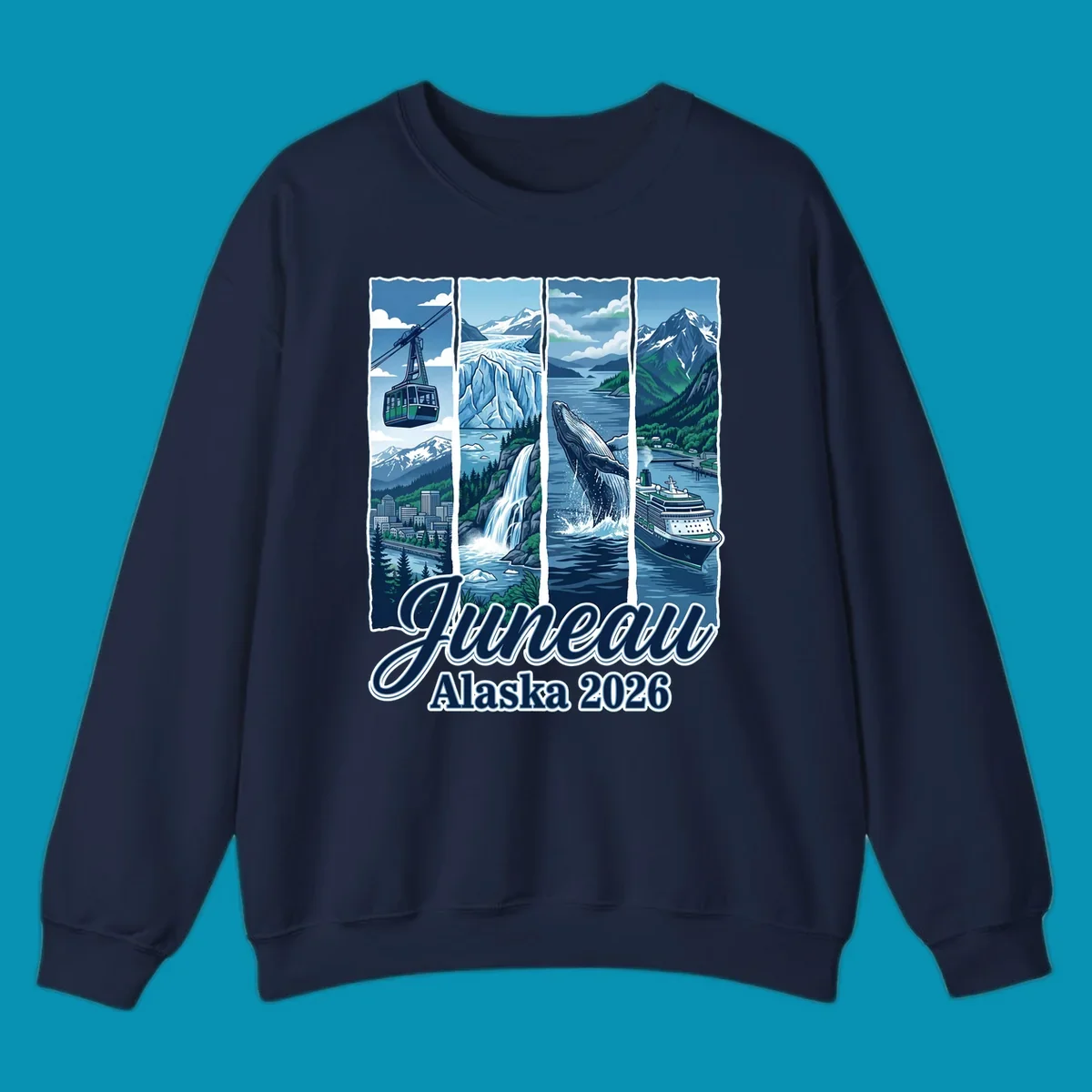 Juneau Alaska cruise collage featuring cable car, glacier, breaching whale, and cruise ship with snowy mountains