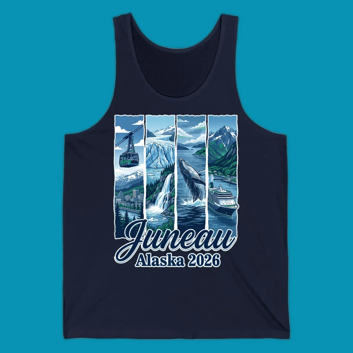 Juneau Alaska cruise collage featuring cable car, glacier, breaching whale, and cruise ship with snowy mountains