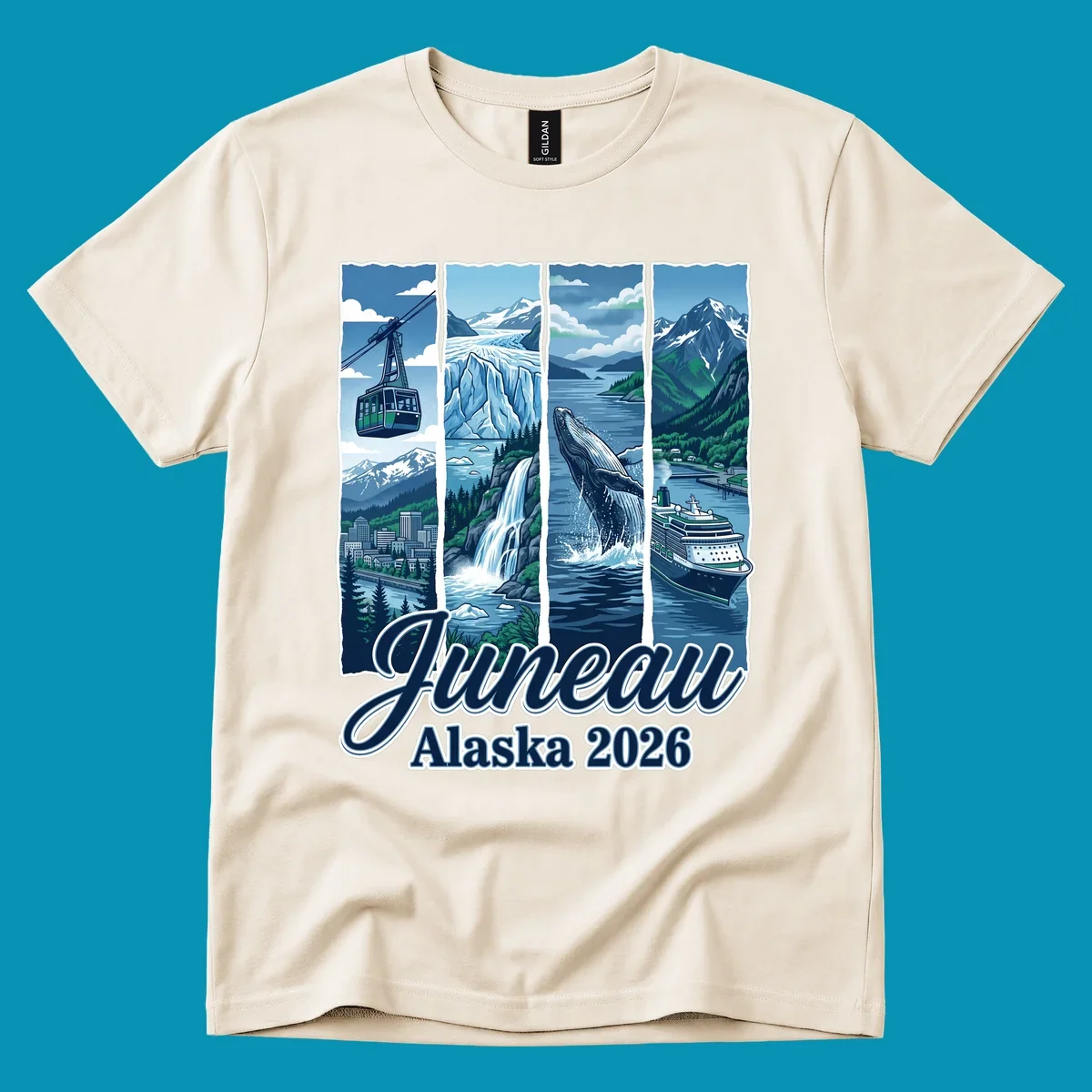 Juneau Alaska cruise collage featuring cable car, glacier, breaching whale, and cruise ship with snowy mountains