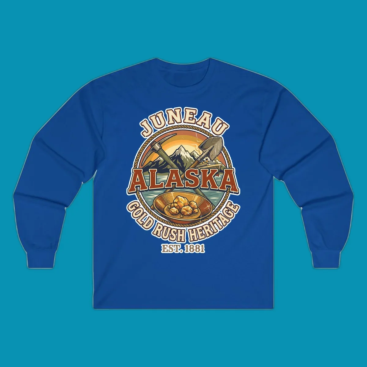 Juneau gold rush heritage vintage badge with pickaxe, shovel, mountains, cruise ship, and gold nuggets, established 1881