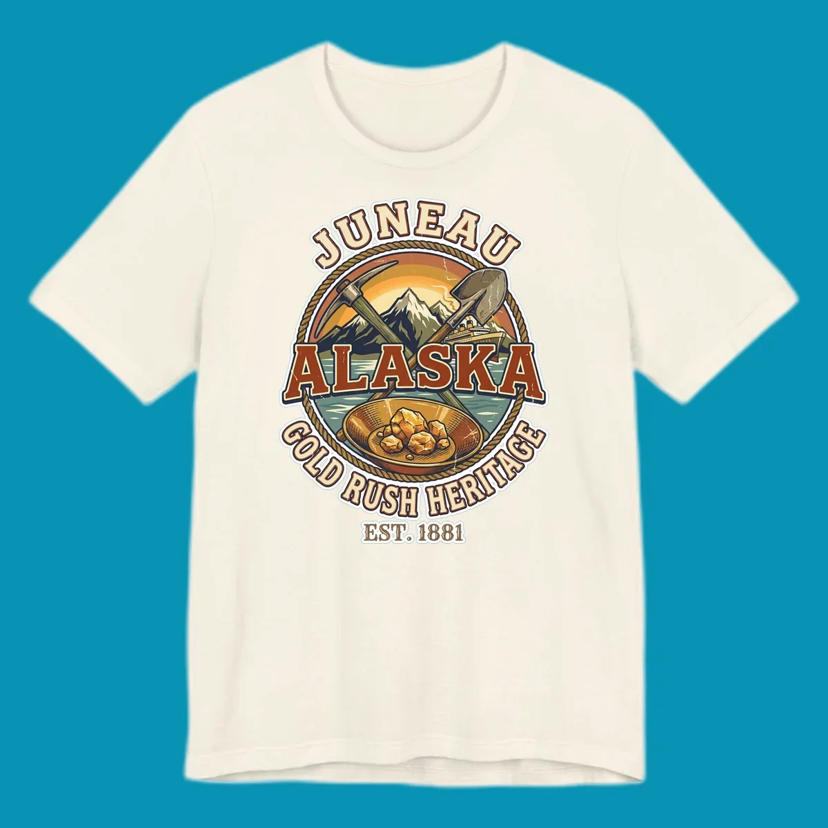 Juneau gold rush heritage vintage badge with pickaxe, shovel, mountains, cruise ship, and gold nuggets, established 1881