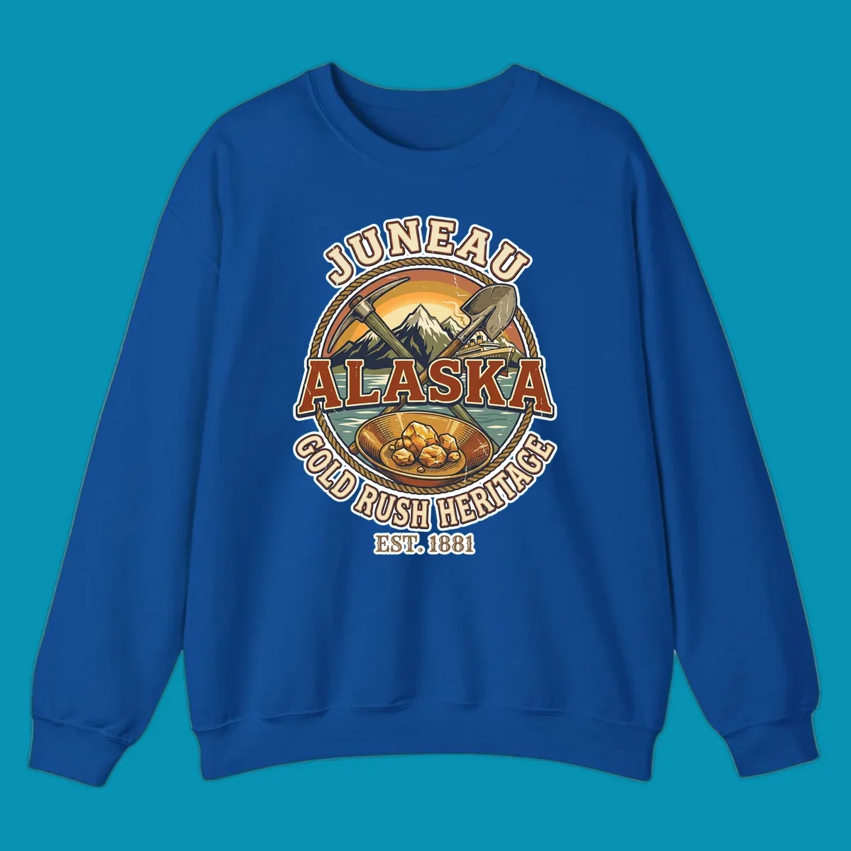 Juneau gold rush heritage vintage badge with pickaxe, shovel, mountains, cruise ship, and gold nuggets, established 1881