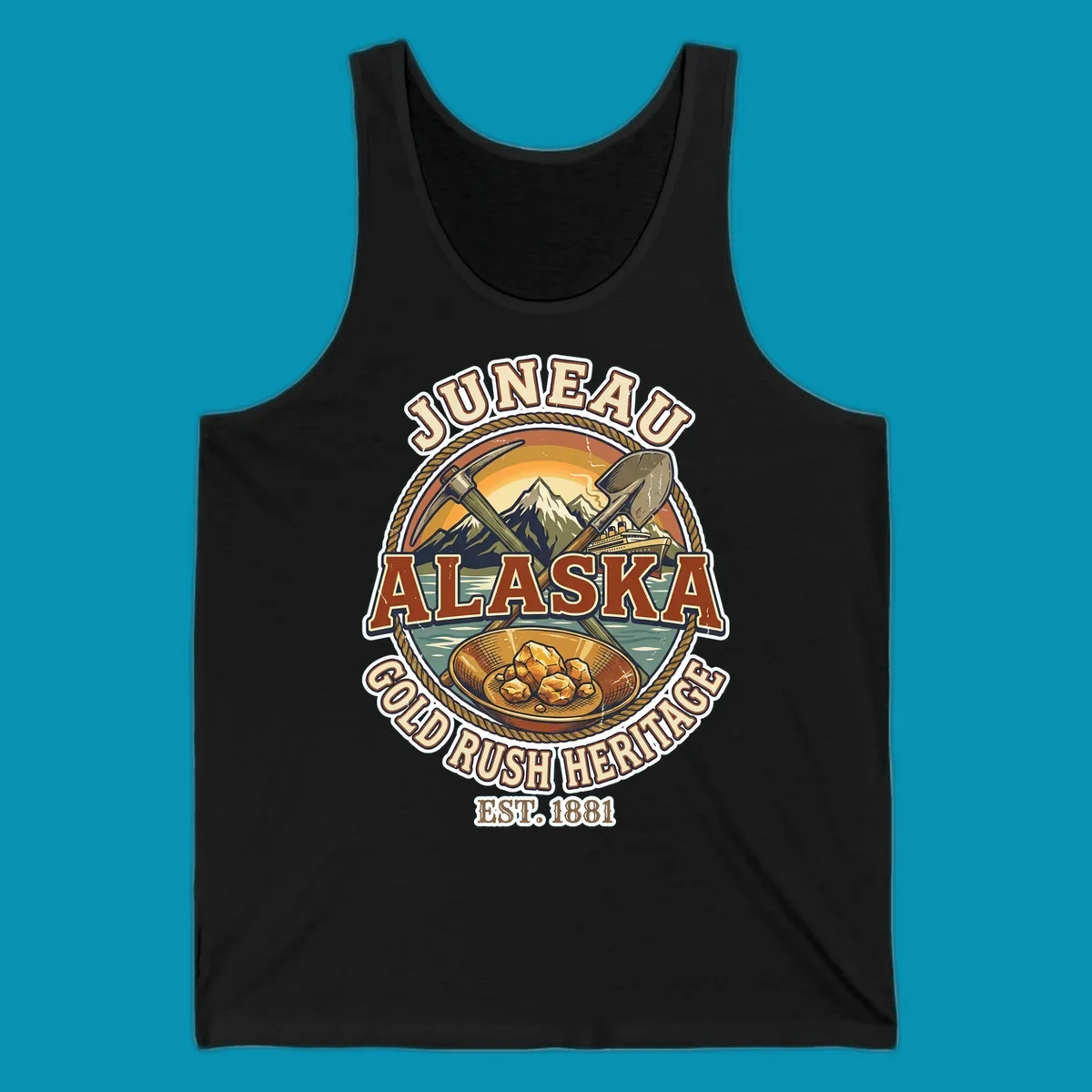 Juneau gold rush heritage vintage badge with pickaxe, shovel, mountains, cruise ship, and gold nuggets, established 1881