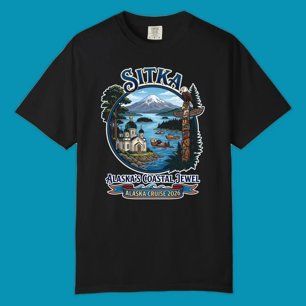 Sitka Alaska's Coastal Jewel badge design featuring snow-capped mountain, Russian Orthodox cathedral, totem pole, sea otter, and sailing ships surrounded by evergreen forests and coastal waters.