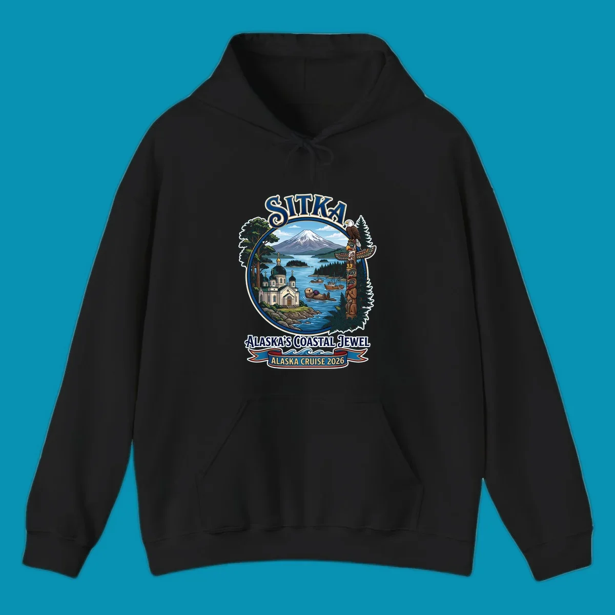 Sitka Alaska's Coastal Jewel badge design featuring snow-capped mountain, Russian Orthodox cathedral, totem pole, sea otter, and sailing ships surrounded by evergreen forests and coastal waters.