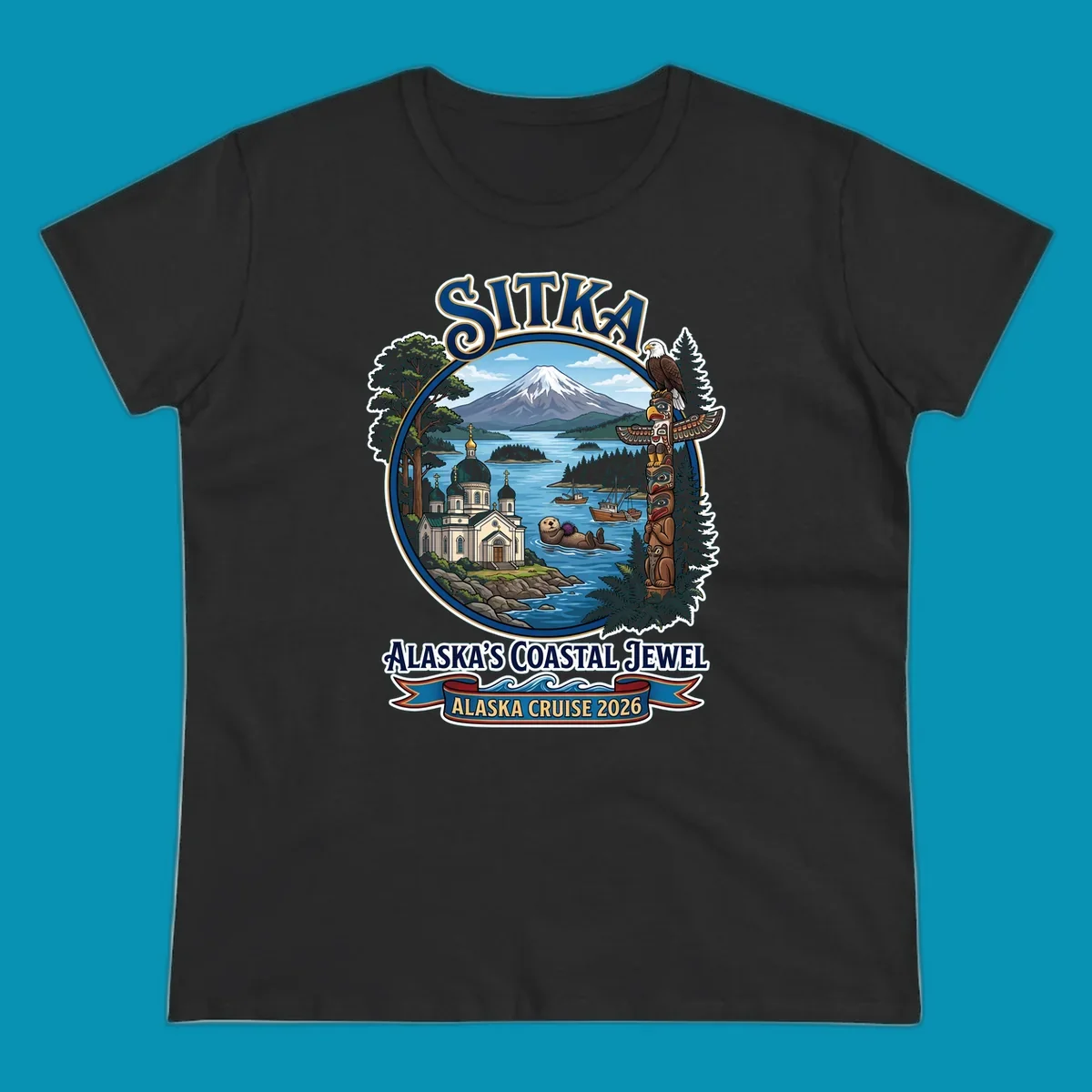 Sitka Alaska's Coastal Jewel badge design featuring snow-capped mountain, Russian Orthodox cathedral, totem pole, sea otter, and sailing ships surrounded by evergreen forests and coastal waters.