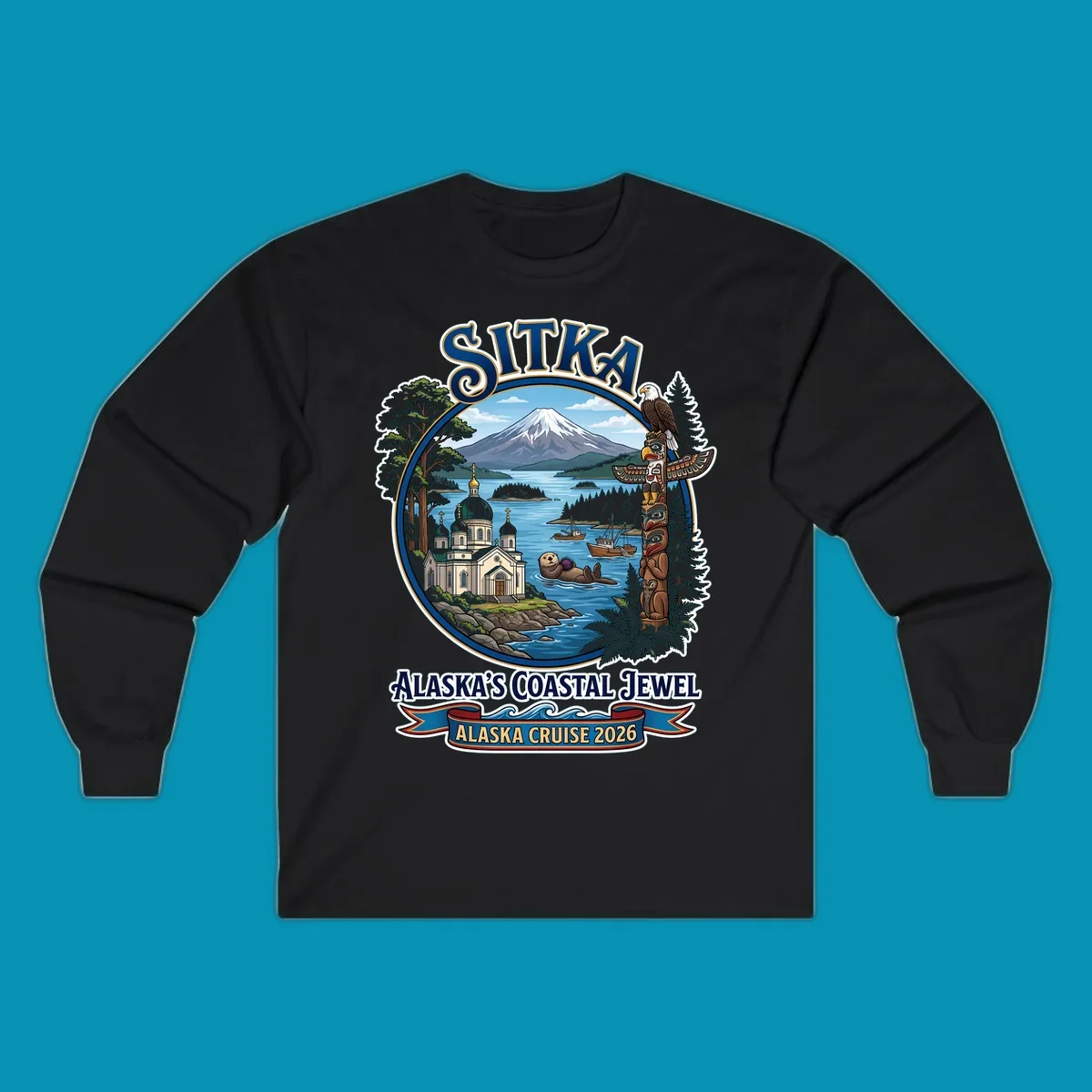 Sitka Alaska's Coastal Jewel badge design featuring snow-capped mountain, Russian Orthodox cathedral, totem pole, sea otter, and sailing ships surrounded by evergreen forests and coastal waters.