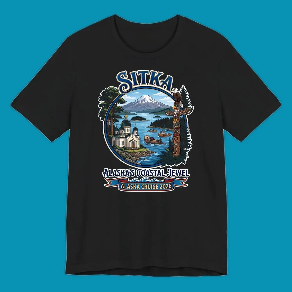 Sitka Alaska's Coastal Jewel badge design featuring snow-capped mountain, Russian Orthodox cathedral, totem pole, sea otter, and sailing ships surrounded by evergreen forests and coastal waters.