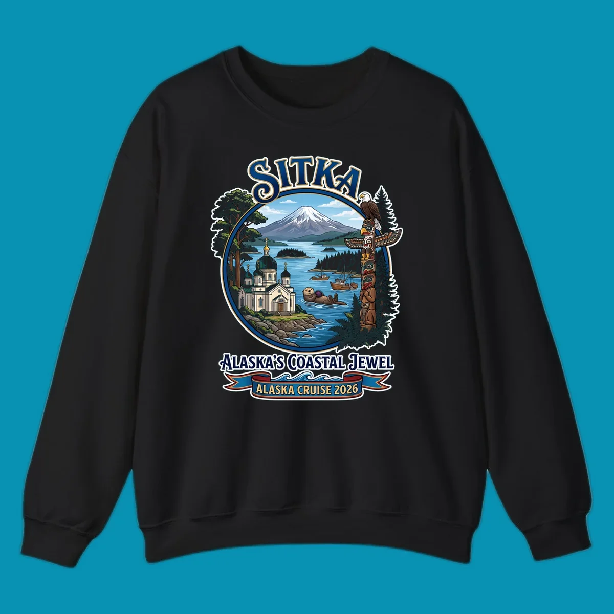 Sitka Alaska's Coastal Jewel badge design featuring snow-capped mountain, Russian Orthodox cathedral, totem pole, sea otter, and sailing ships surrounded by evergreen forests and coastal waters.