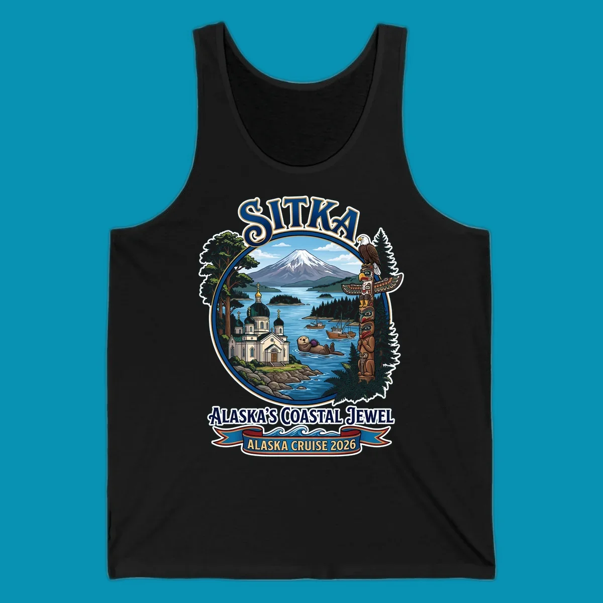 Sitka Alaska's Coastal Jewel badge design featuring snow-capped mountain, Russian Orthodox cathedral, totem pole, sea otter, and sailing ships surrounded by evergreen forests and coastal waters.