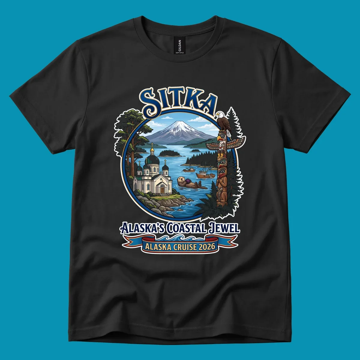 Sitka Alaska's Coastal Jewel badge design featuring snow-capped mountain, Russian Orthodox cathedral, totem pole, sea otter, and sailing ships surrounded by evergreen forests and coastal waters.