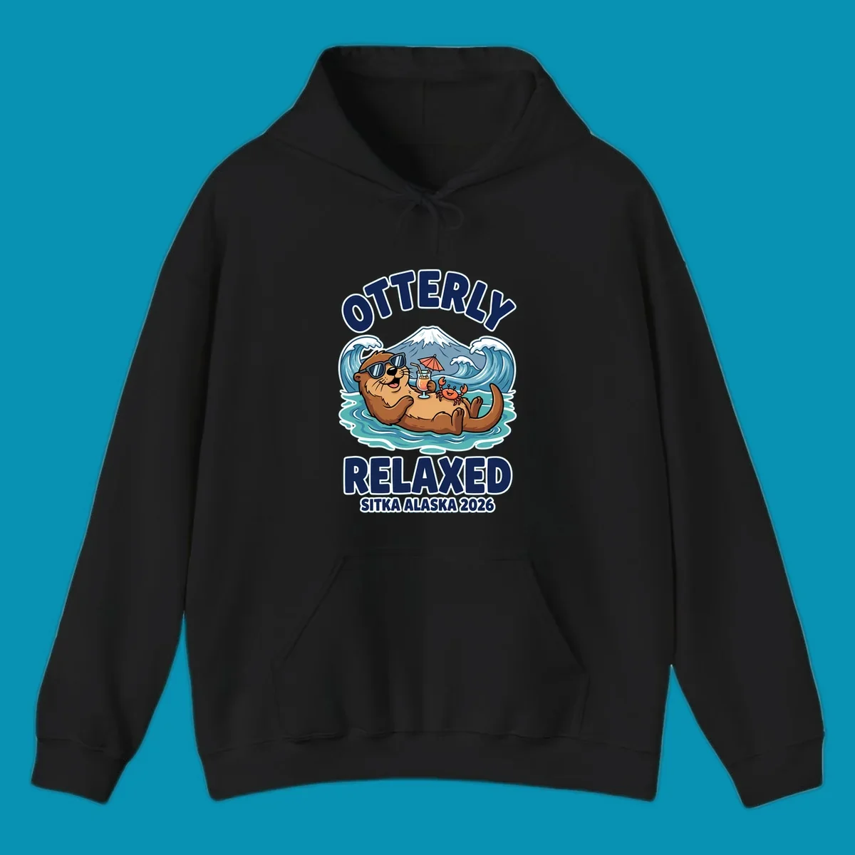 Cartoon sea otter wearing sunglasses holding tropical drink in ocean with mountain, text reads Otterly Relaxed Sitka Alaska 2026