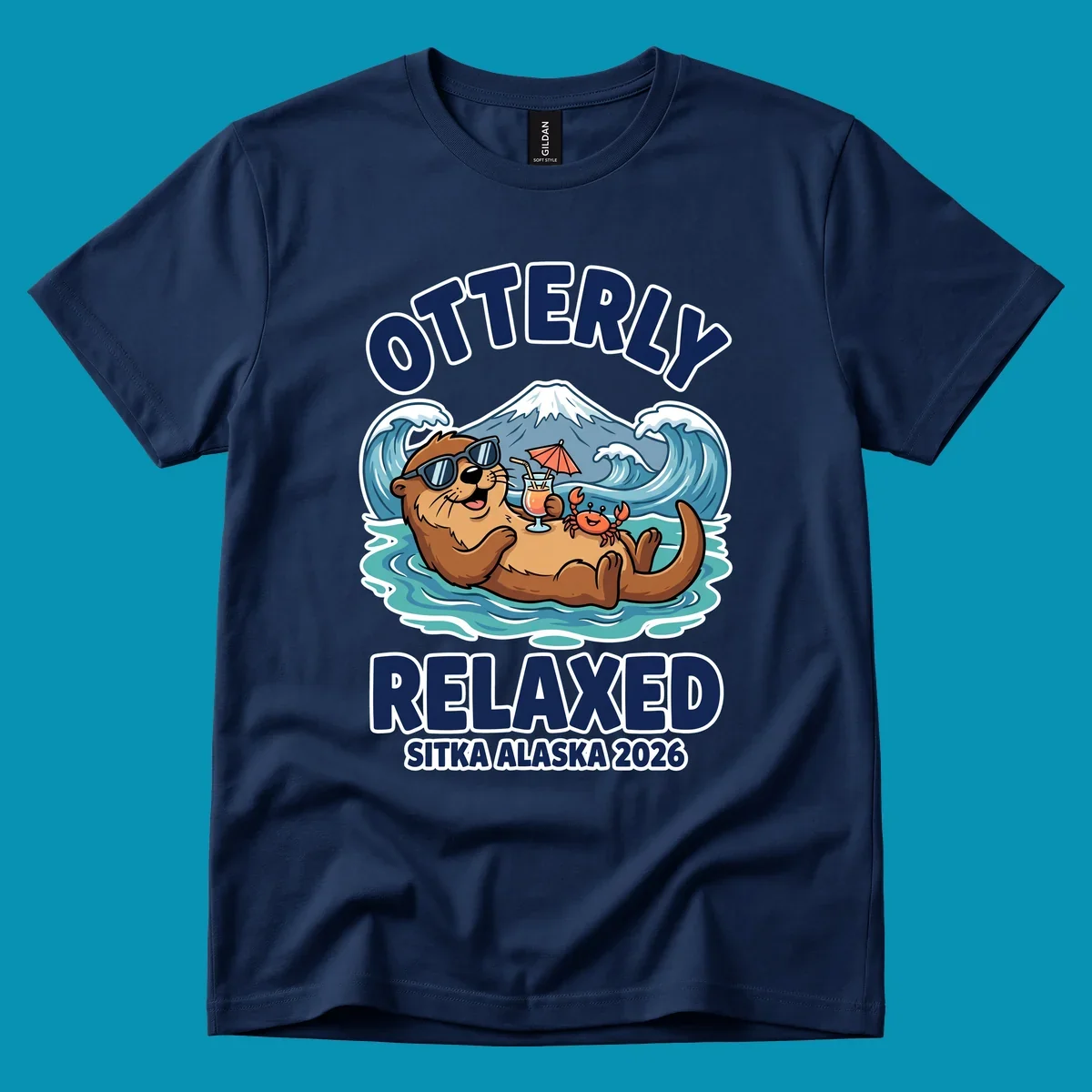 Cartoon sea otter wearing sunglasses holding tropical drink in ocean with mountain, text reads Otterly Relaxed Sitka Alaska 2026
