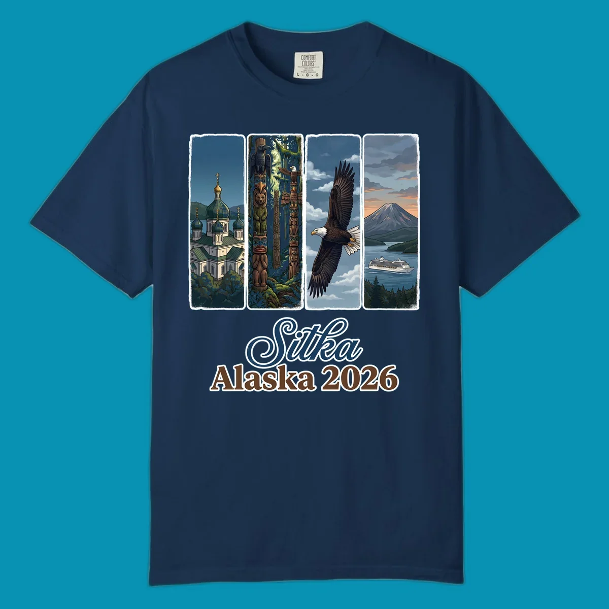 Four-panel Sitka Alaska 2026 design featuring Russian Orthodox cathedral, totem poles, bald eagle, and Mount Edgecumbe volcano with cruise ship